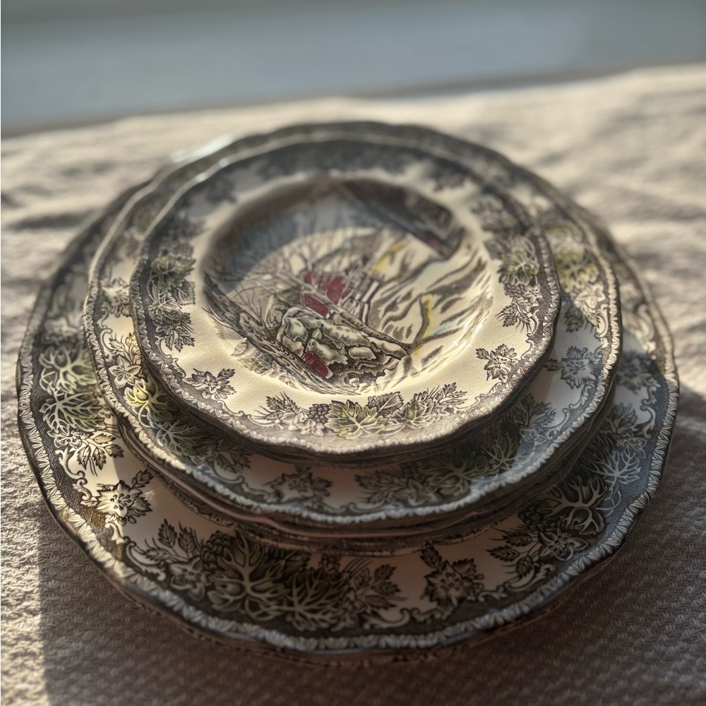 Johnson Bros Friendly Village Plates – 8 Pc Set – Vintage English Transferware